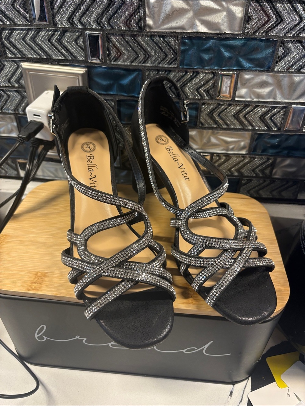 Bella Vita Black Rhinestone Crisscross Heeled Sandals